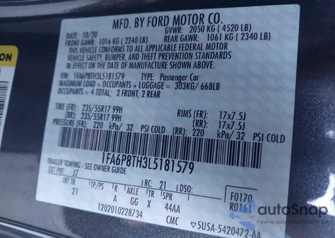 2020 Ford Mustang Ecoboost Fastback z USA, uszkodzony, nr VIN 1FA6P8TH3L5181579